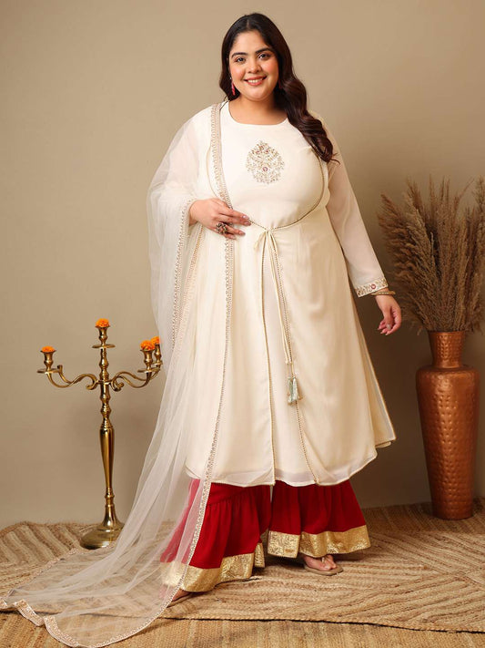 Ethnic Motifs Embroidered Panelled A-Line Zari Kurta With Sharara & Dupatta