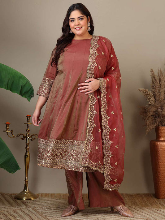 Plus Size Floral Embroidered Sequinned Kurta with Palazzos & Dupatta