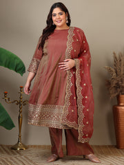 Plus Size Floral Embroidered Sequinned Kurta with Palazzos & Dupatta
