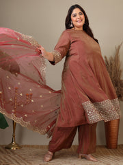 Plus Size Floral Embroidered Sequinned Kurta with Palazzos & Dupatta