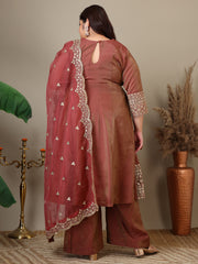 Plus Size Floral Embroidered Sequinned Kurta with Palazzos & Dupatta