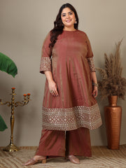 Plus Size Floral Embroidered Sequinned Kurta with Palazzos & Dupatta
