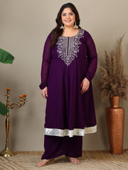 Women Plus Size Yoke Design Regular Thread Work Kurta with Palazzos & Dupatta