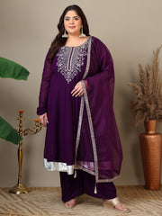 Women Plus Size Yoke Design Regular Thread Work Kurta with Palazzos & Dupatta