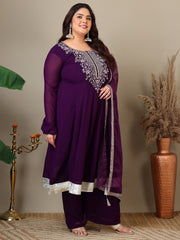 Women Plus Size Yoke Design Regular Thread Work Kurta with Palazzos & Dupatta