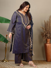 Ethnic Motifs Thread Work Straight Kurta With Palazzos & Dupatta