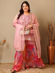 Plus Size Women Zari Thread Embroidered Crushed Organza Kurta Set with Dupatta