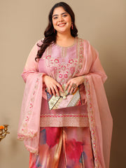Plus Size Women Zari Thread Embroidered Crushed Organza Kurta Set with Dupatta