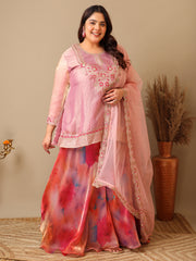 Plus Size Women Zari Thread Embroidered Crushed Organza Kurta Set with Dupatta