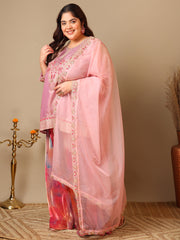 Plus Size Women Zari Thread Embroidered Crushed Organza Kurta Set with Dupatta