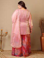 Plus Size Women Zari Thread Embroidered Crushed Organza Kurta Set with Dupatta