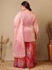 Plus Size Women Zari Thread Embroidered Crushed Organza Kurta Set with Dupatta