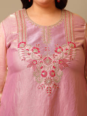 Plus Size Women Zari Thread Embroidered Crushed Organza Kurta Set with Dupatta