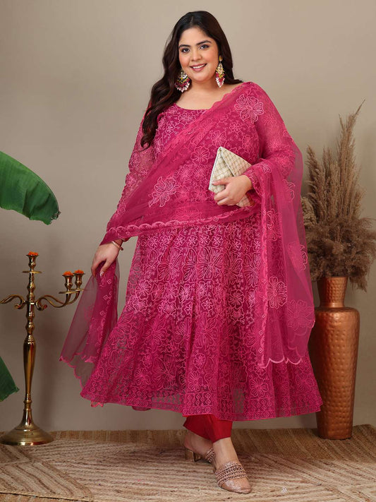 Women Plus Size Floral Embroidered A-Line Kurta with Trousers & Dupatta