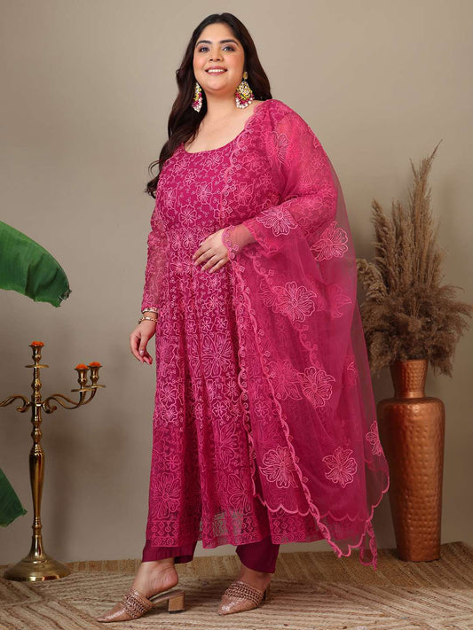Women Plus Size Floral Embroidered A-Line Kurta with Trousers & Dupatta