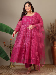Women Plus Size Floral Embroidered A-Line Kurta with Trousers & Dupatta