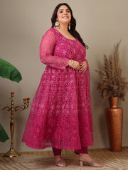 Women Plus Size Floral Embroidered A-Line Kurta with Trousers & Dupatta