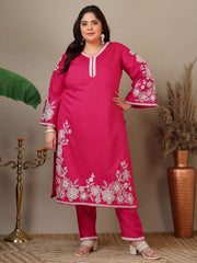 Women Plus Size Floral Embroidered Thread Work Kurta with Trousers & Dupatta