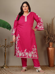 Women Plus Size Floral Embroidered Thread Work Kurta with Trousers & Dupatta