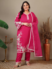 Women Plus Size Floral Embroidered Thread Work Kurta with Trousers & Dupatta