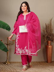 Women Plus Size Floral Embroidered Thread Work Kurta with Trousers & Dupatta