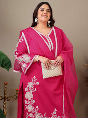 Women Plus Size Floral Embroidered Thread Work Kurta with Trousers & Dupatta
