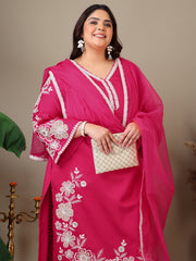 Women Plus Size Floral Embroidered Thread Work Kurta with Trousers & Dupatta