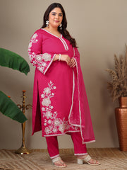 Women Plus Size Floral Embroidered Thread Work Kurta with Trousers & Dupatta