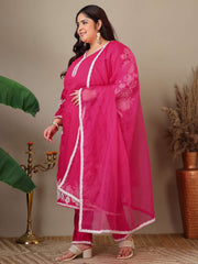 Women Plus Size Floral Embroidered Thread Work Kurta with Trousers & Dupatta