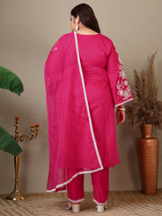 Women Plus Size Floral Embroidered Thread Work Kurta with Trousers & Dupatta