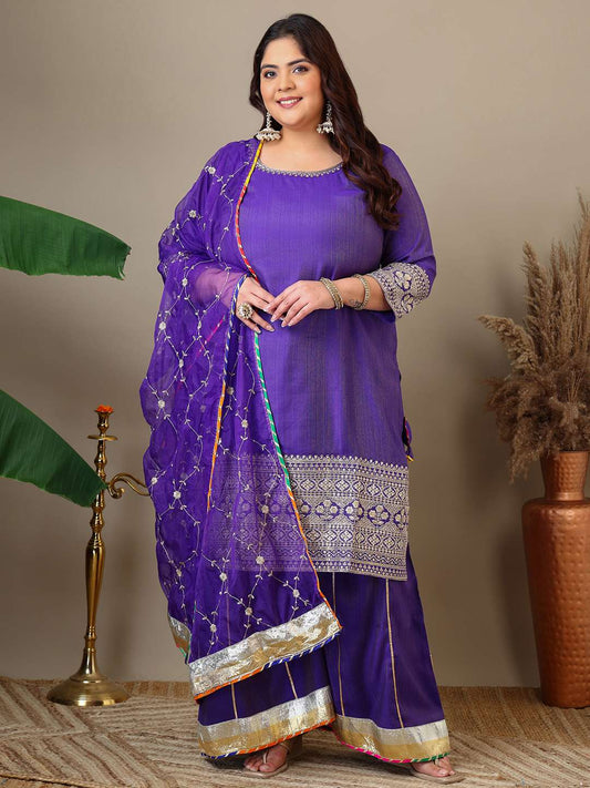 Women Plus Size Ethnic Motifs Embroidered Kurta with Sharara & Dupatta