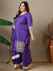 Women Plus Size Ethnic Motifs Embroidered Kurta with Sharara & Dupatta