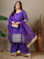 Women Plus Size Ethnic Motifs Embroidered Kurta with Sharara & Dupatta