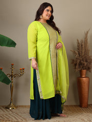 Women Plus Size Geometric Foil and Zari Embroidered Kurta Set with Dupatta