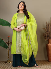Women Plus Size Geometric Foil and Zari Embroidered Kurta Set with Dupatta