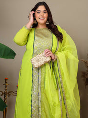 Women Plus Size Geometric Foil and Zari Embroidered Kurta Set with Dupatta