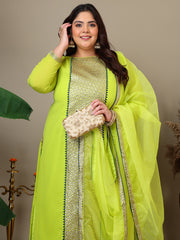 Women Plus Size Geometric Foil and Zari Embroidered Kurta Set with Dupatta