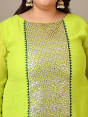 Women Plus Size Geometric Foil and Zari Embroidered Kurta Set with Dupatta