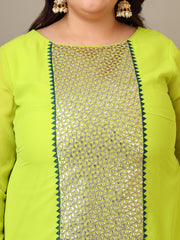 Women Plus Size Geometric Foil and Zari Embroidered Kurta Set with Dupatta