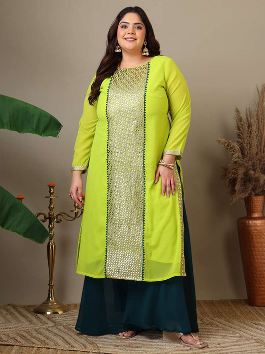 Women Plus Size Geometric Foil and Zari Embroidered Kurta Set with Dupatta