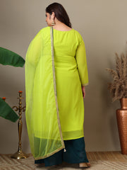 Women Plus Size Geometric Foil and Zari Embroidered Kurta Set with Dupatta