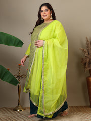 Women Plus Size Geometric Foil and Zari Embroidered Kurta Set with Dupatta