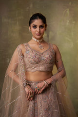Beige Net Fabric Sequins embroidery Semi Stitched Lehenga and Unstitched Blouse With Dupatta