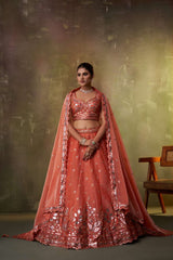 ORANGE Organza Fabric Sequins Thread and Embroidery Semi Stitched Lehenga and Unstitched Blouse With Dupatta