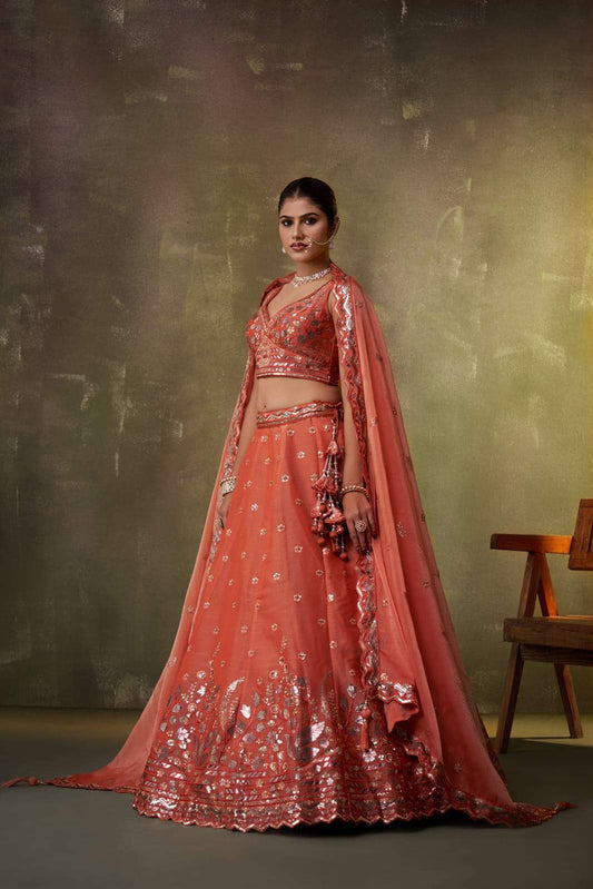 ORANGE Organza Fabric Sequins Thread and Embroidery Semi Stitched Lehenga and Unstitched Blouse With Dupatta