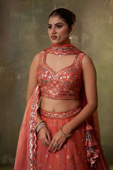 ORANGE Organza Fabric Sequins Thread and Embroidery Semi Stitched Lehenga and Unstitched Blouse With Dupatta