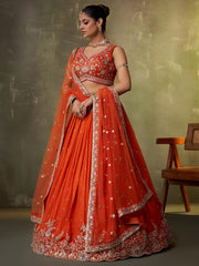 Orange Georgette Fabric Sequins Thread and Embroidery Semi Stitched Lehenga and Unstitched Blouse With Dupatta