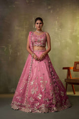 Pink Tissue Fabric Sequins embroidery Semi Stitched Lehenga and Unstitched Blouse With Dupatta