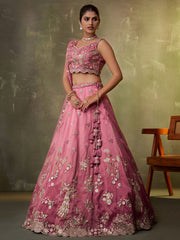 Pink Tissue Fabric Sequins embroidery Semi Stitched Lehenga and Unstitched Blouse With Dupatta