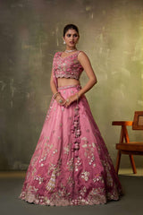 Pink Tissue Fabric Sequins embroidery Semi Stitched Lehenga and Unstitched Blouse With Dupatta